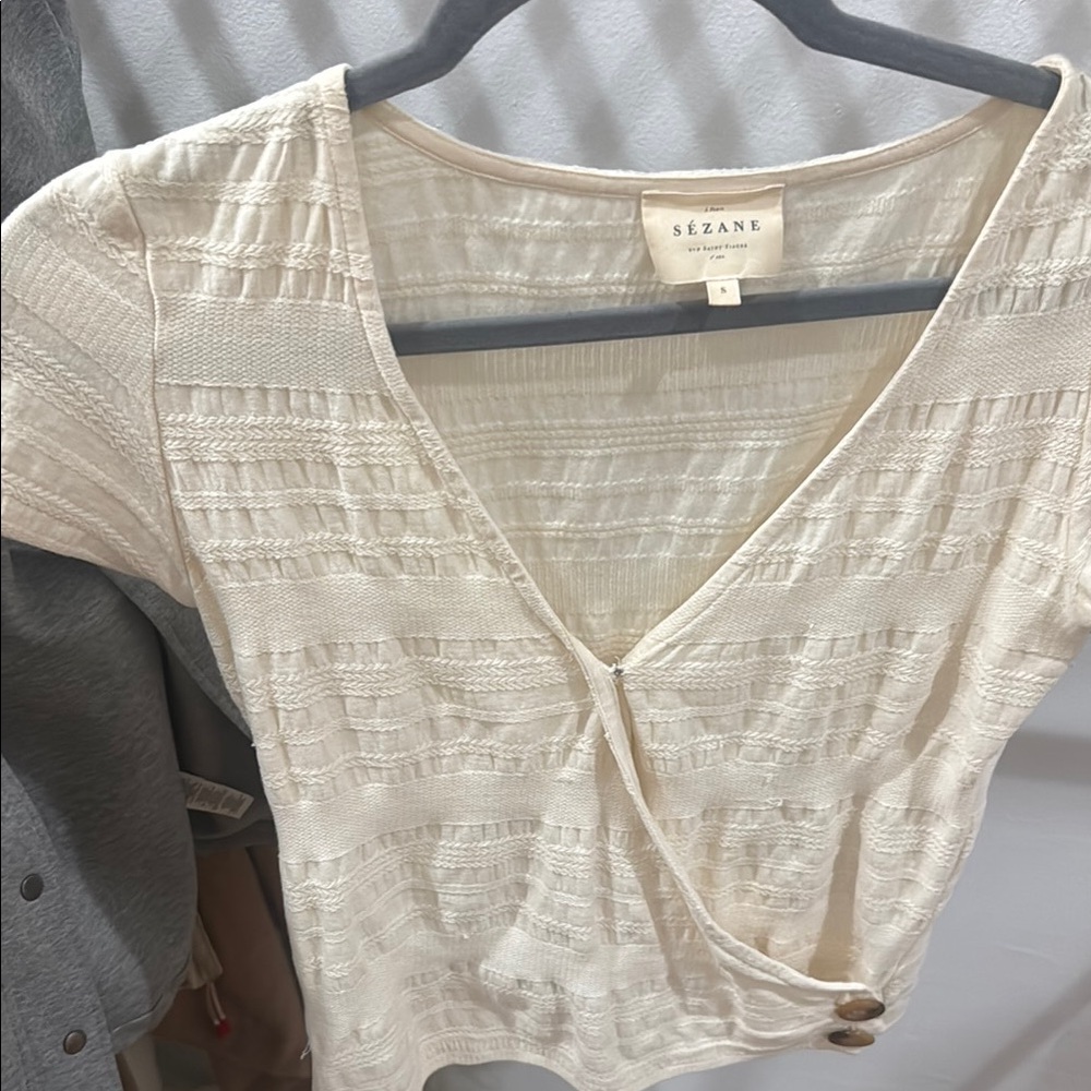 Sezane Cream Wrap Fitted Blouse with Sleeves
